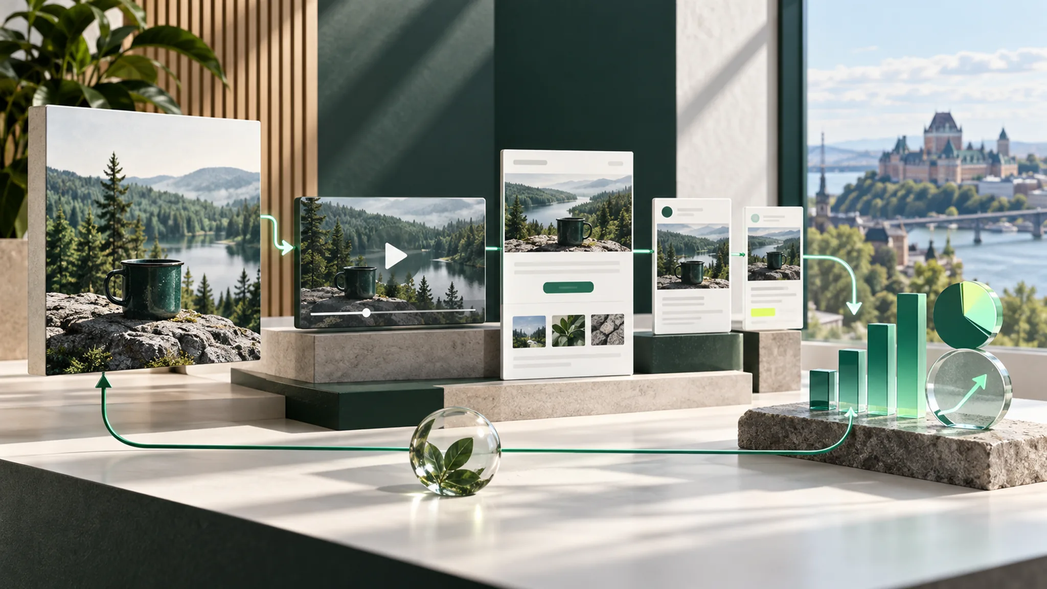 Une création devient vidéo, page de conversion et publicités, puis des résultats mesurés, avec la ville de Québec en arrière-plan.